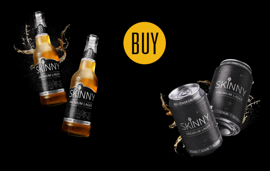 Bottles and cans of the gluten-free Skinny Lager with a BUY button